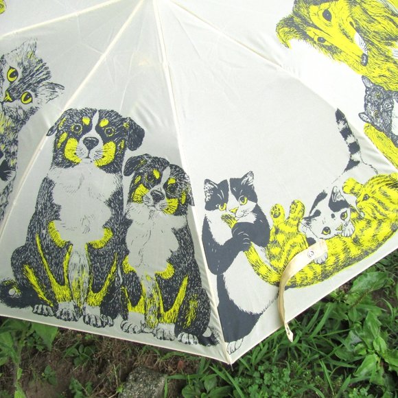 Vintage Umbrella Raining Cats and Dogs Cute Print with Tote 1970s Corgi Collie - Picture 2 of 9